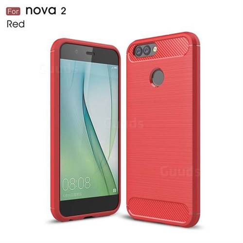 Luxury Carbon Fiber Brushed Wire Drawing Silicone TPU Back Cover for Huawei Nova 2 (Red)