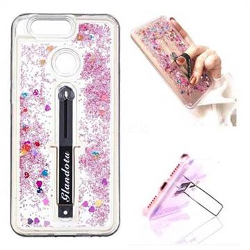 Concealed Ring Holder Stand Glitter Quicksand Dynamic Liquid Phone Case for Huawei Nova 2 Plus - Rose