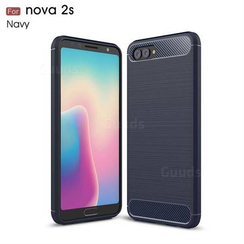 Luxury Carbon Fiber Brushed Wire Drawing Silicone TPU Back Cover for Huawei Nova 2s - Navy