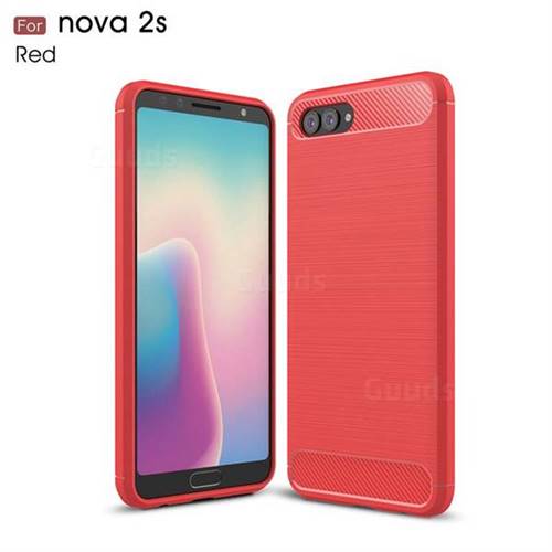 Luxury Carbon Fiber Brushed Wire Drawing Silicone TPU Back Cover for Huawei Nova 2s - Red