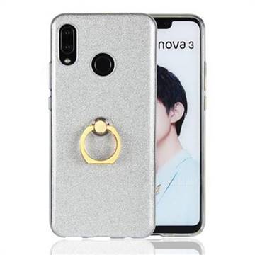 Luxury Soft TPU Glitter Back Ring Cover with 360 Rotate Finger Holder Buckle for Huawei Nova 3 - White