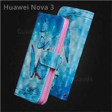 Blue Sea Butterflies 3D Painted Leather Wallet Case for Huawei Nova 3
