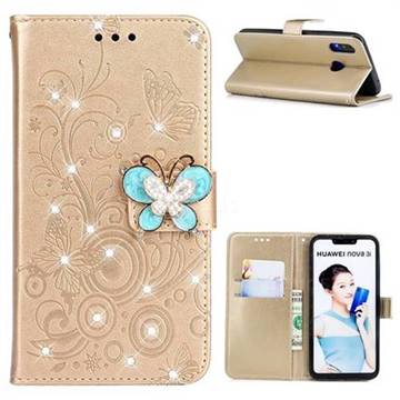 Embossing Butterfly Circle Rhinestone Leather Wallet Case for Huawei Nova 3 - Champagne