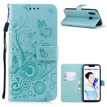 Intricate Embossing Butterfly Circle Leather Wallet Case for Huawei Nova 3 - Cyan