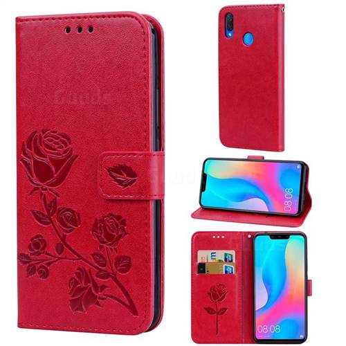 Embossing Rose Flower Leather Wallet Case for Huawei Nova 3 - Red