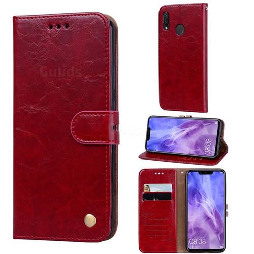 Luxury Retro Oil Wax PU Leather Wallet Phone Case for Huawei Nova 3 - Brown Red