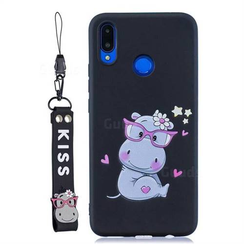Black Flower Hippo Soft Kiss Candy Hand Strap Silicone Case for Huawei Nova 3i