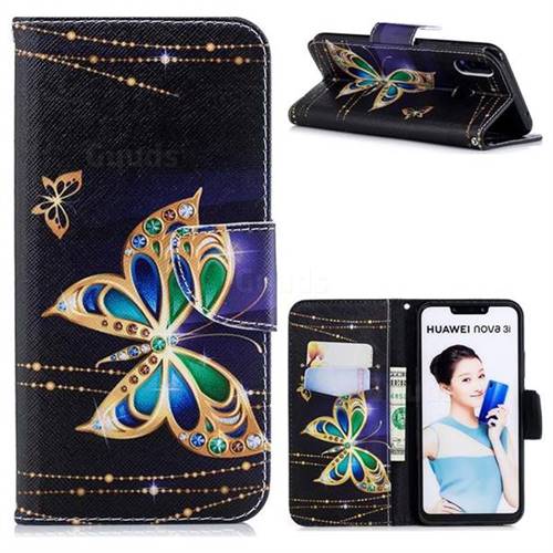Golden Shining Butterfly Leather Wallet Case for Huawei Nova 3i