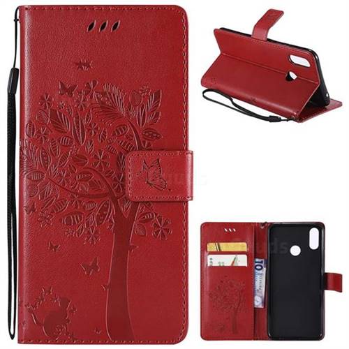 Embossing Butterfly Tree Leather Wallet Case for Huawei Nova 3i - Red