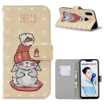 Hello Rabbit 3D Painted Leather Phone Wallet Case for Huawei Nova 3i