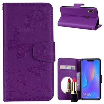Embossing Butterfly Morning Glory Mirror Leather Wallet Case for Huawei Nova 3i - Purple