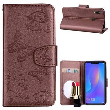 Embossing Butterfly Morning Glory Mirror Leather Wallet Case for Huawei Nova 3i - Coffee