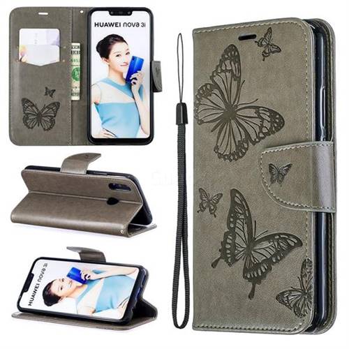 Embossing Double Butterfly Leather Wallet Case for Huawei Nova 3i - Gray