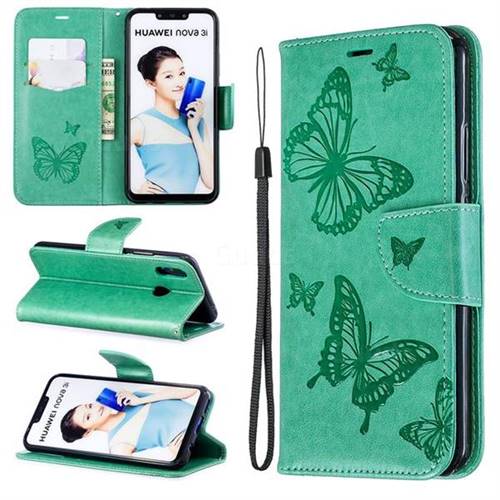Embossing Double Butterfly Leather Wallet Case for Huawei Nova 3i - Green