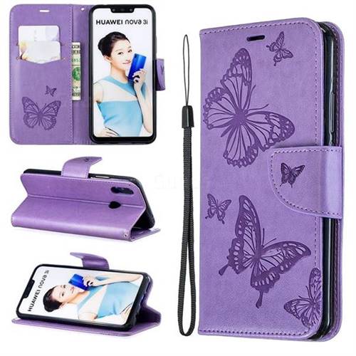 Embossing Double Butterfly Leather Wallet Case for Huawei Nova 3i - Purple