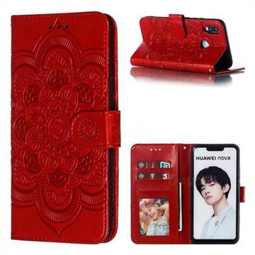 Intricate Embossing Datura Solar Leather Wallet Case for Huawei Nova 3i - Red