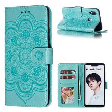 Intricate Embossing Datura Solar Leather Wallet Case for Huawei Nova 3i - Green