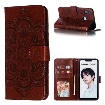 Intricate Embossing Datura Solar Leather Wallet Case for Huawei Nova 3i - Brown