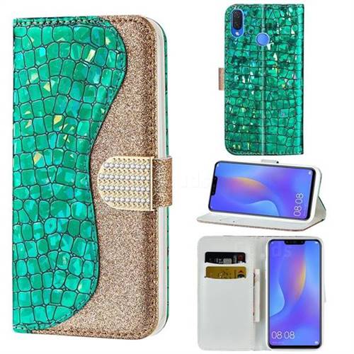 Glitter Diamond Buckle Laser Stitching Leather Wallet Phone Case for Huawei Nova 3i - Green