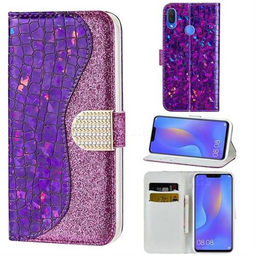 Glitter Diamond Buckle Laser Stitching Leather Wallet Phone Case for Huawei Nova 3i - Purple