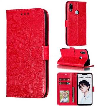 Intricate Embossing Lace Jasmine Flower Leather Wallet Case for Huawei Nova 3i - Red