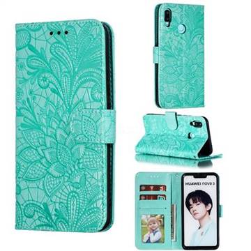 Intricate Embossing Lace Jasmine Flower Leather Wallet Case for Huawei Nova 3i - Green