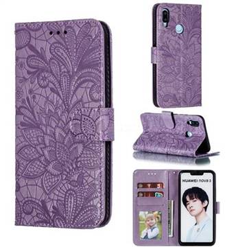Intricate Embossing Lace Jasmine Flower Leather Wallet Case for Huawei Nova 3i - Purple