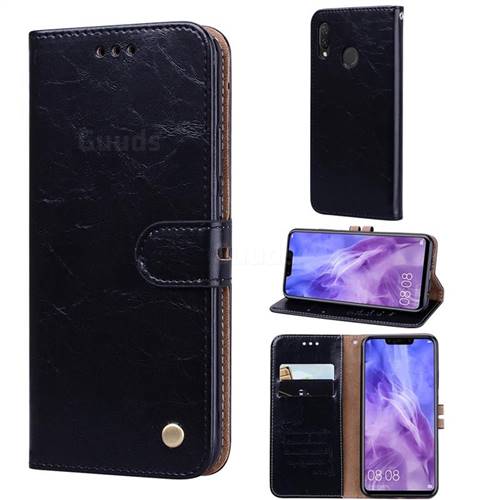 Luxury Retro Oil Wax PU Leather Wallet Phone Case for Huawei Nova 3i - Deep Black