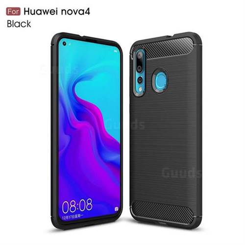 Luxury Carbon Fiber Brushed Wire Drawing Silicone TPU Back Cover for Huawei nova 4 - Black