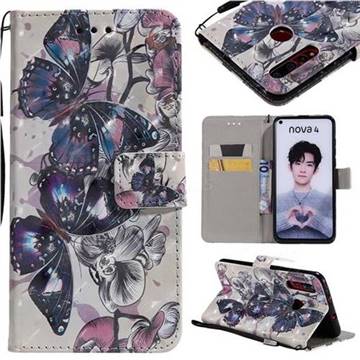 Black Butterfly 3D Painted Leather Wallet Case for Huawei nova 4