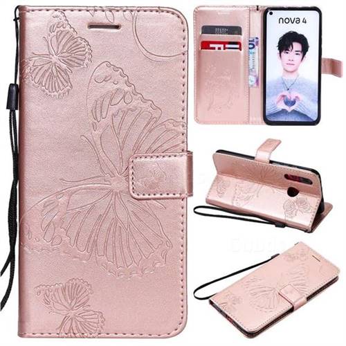 Embossing 3D Butterfly Leather Wallet Case for Huawei nova 4 - Rose Gold