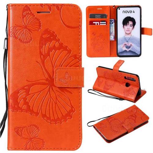 Embossing 3D Butterfly Leather Wallet Case for Huawei nova 4 - Orange