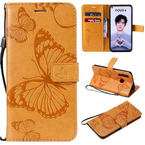 Embossing 3D Butterfly Leather Wallet Case for Huawei nova 4 - Yellow