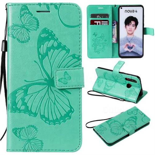 Embossing 3D Butterfly Leather Wallet Case for Huawei nova 4 - Green