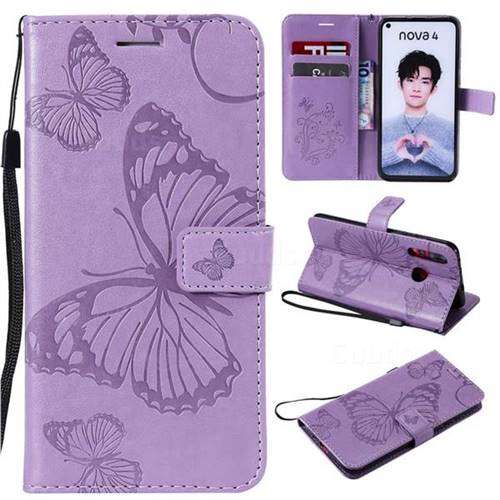 Embossing 3D Butterfly Leather Wallet Case for Huawei nova 4 - Purple