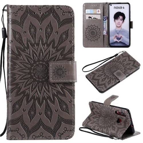 Embossing Sunflower Leather Wallet Case for Huawei nova 4 - Gray