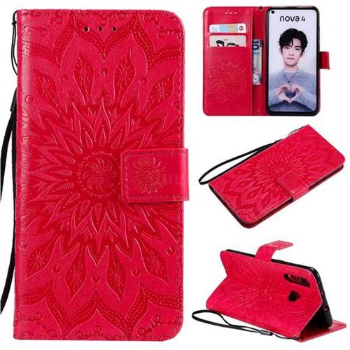 Embossing Sunflower Leather Wallet Case for Huawei nova 4 - Red