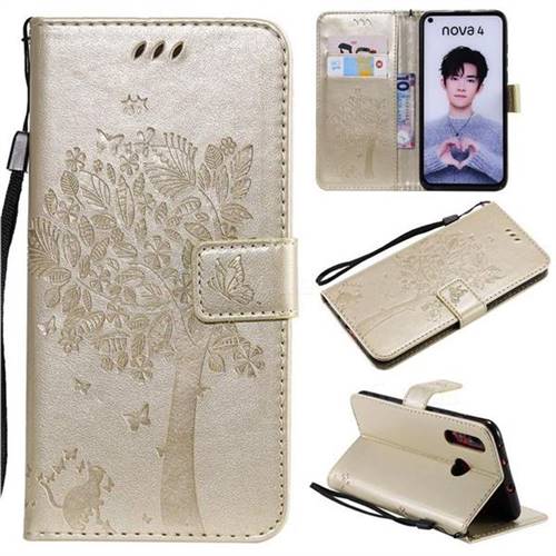 Embossing Butterfly Tree Leather Wallet Case for Huawei nova 4 - Champagne