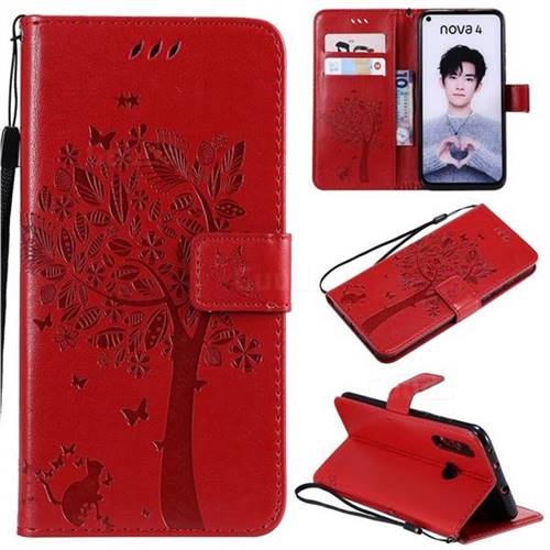 Embossing Butterfly Tree Leather Wallet Case for Huawei nova 4 - Red