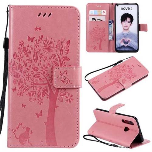 Embossing Butterfly Tree Leather Wallet Case for Huawei nova 4 - Pink