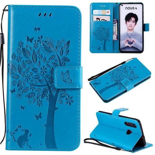 Embossing Butterfly Tree Leather Wallet Case for Huawei nova 4 - Blue