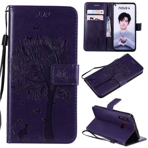 Embossing Butterfly Tree Leather Wallet Case for Huawei nova 4 - Purple