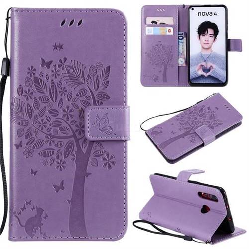 Embossing Butterfly Tree Leather Wallet Case for Huawei nova 4 - Violet