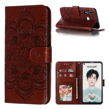 Intricate Embossing Datura Solar Leather Wallet Case for Huawei nova 4 - Brown