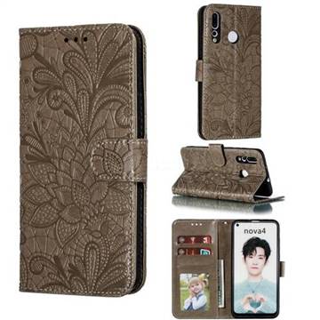 Intricate Embossing Lace Jasmine Flower Leather Wallet Case for Huawei nova 4 - Gray