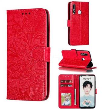 Intricate Embossing Lace Jasmine Flower Leather Wallet Case for Huawei nova 4 - Red