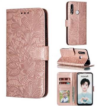 Intricate Embossing Lace Jasmine Flower Leather Wallet Case for Huawei nova 4 - Rose Gold