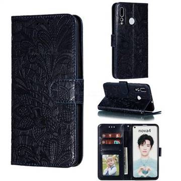 Intricate Embossing Lace Jasmine Flower Leather Wallet Case for Huawei nova 4 - Dark Blue