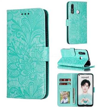 Intricate Embossing Lace Jasmine Flower Leather Wallet Case for Huawei nova 4 - Green