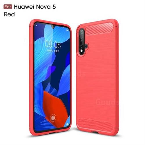 Luxury Carbon Fiber Brushed Wire Drawing Silicone TPU Back Cover for Huawei Nova 5 / Nova 5 Pro - Red